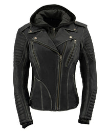 Milwaukee Leather MLL2516 Black Leather Rub-Off Leather Jacket with Hoodie for Women