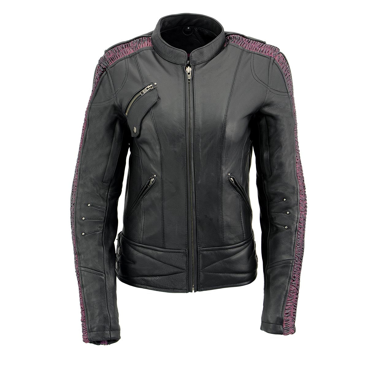 Milwaukee Leather MLL2570 Women's 'Phoenix Embroidered' Black and Fuchsia Pink Leather Motorcycle Jacket