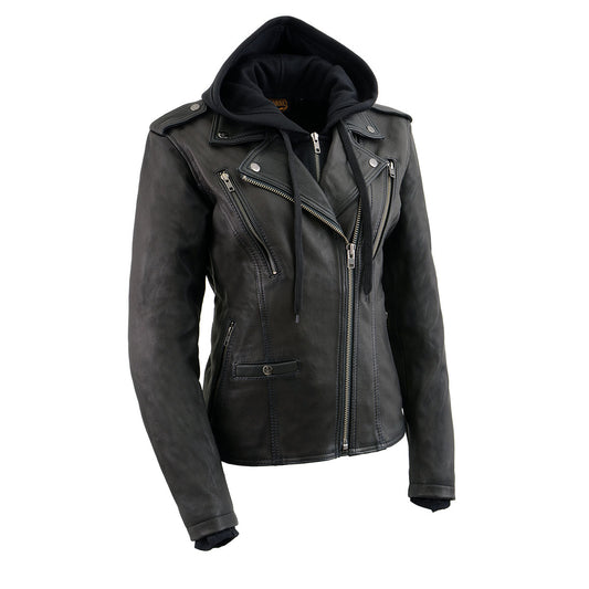 Milwaukee Leather MLL2575 Ladies Vented MC Lapel Jacket with Full Sleeve Interior Hoodie