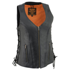 Milwaukee Leather Women's Black Leather V-Neck Motorcycle Rider Vest with Side Lace MLL4531