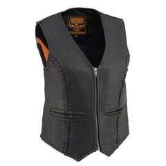 Milwaukee Leather MLL4550 Women's Black Premium Leather Classic Braided Deep V-Neck Motorcycle Rider Vest W/Front Zip