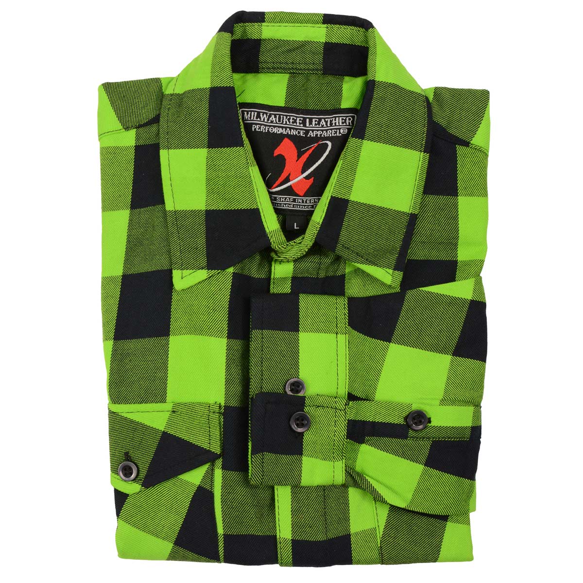 Milwaukee Leather Men's Flannel Plaid Shirt Black and Neon Green Long Sleeve Cotton Button Down Shirt MNG11632 Medium