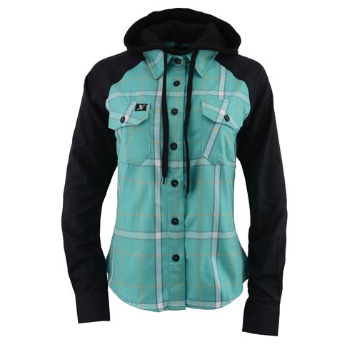 Milwaukee Leather MNG21601 Women's Casual Black and Teal Long Sleeve Cotton Flannel Shirt with Hoodie