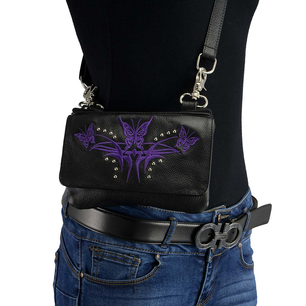 Milwaukee Leather MP8851 Women's Black and Purple Leather Multi Pocket Belt Bag