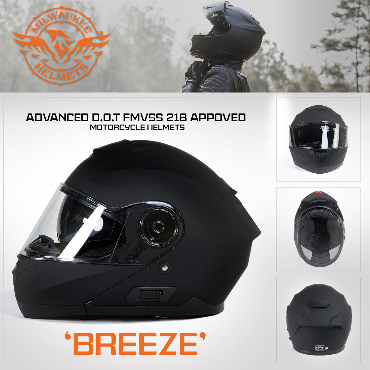 Milwaukee Helmets Breeze Flat Black Advanced Motorcycle Modular Helmet w/ Drop Down Visor DOT Approved MPH9814DOT