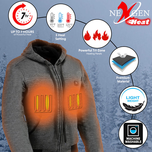 Nexgen Heat NXL2713SET Women 'Heated' Front Zipper Grey Hoodie Jacket for Outdoor Activities  w/ Battery Pack