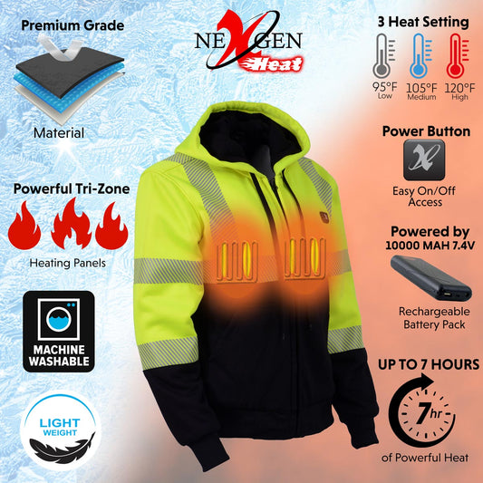 Nexgen Heat MPL2773SET Women's Heated Hoodie High-Viz Reflective - Zipper Front Sweatshirt Jacket w/ Battery Pack