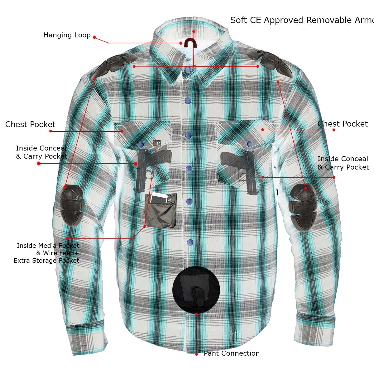 Milwaukee Leather MPM1636 Men's Long Sleeve Flannel Biker Shirt w/ CE Approved Armor - Reinforced w/ Aramid Fiber