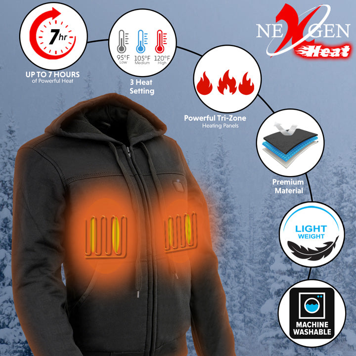 Nexgen Heat NXL2713SET Women 'Heated' Front Zipper Black Hoodie Jacket for Outdoor Activities  w/ Battery Pack