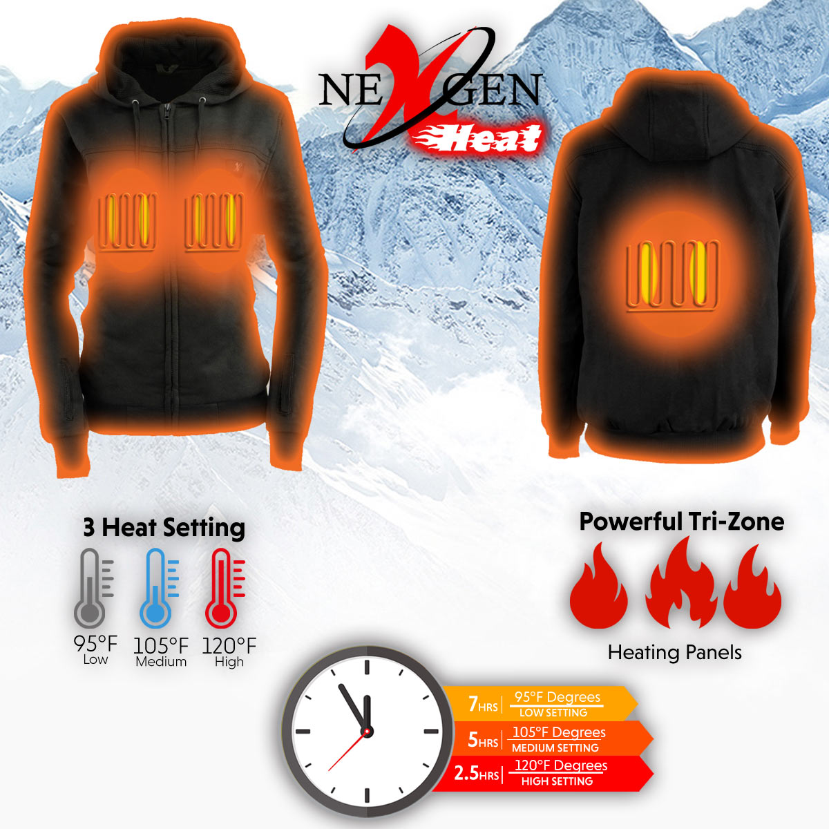 Nexgen Heat NXM1717DUAL Technology Men's “Fiery’’ Heated Hoodie- Black Sweatshirt Jacket for Winter w/ Battery Pack