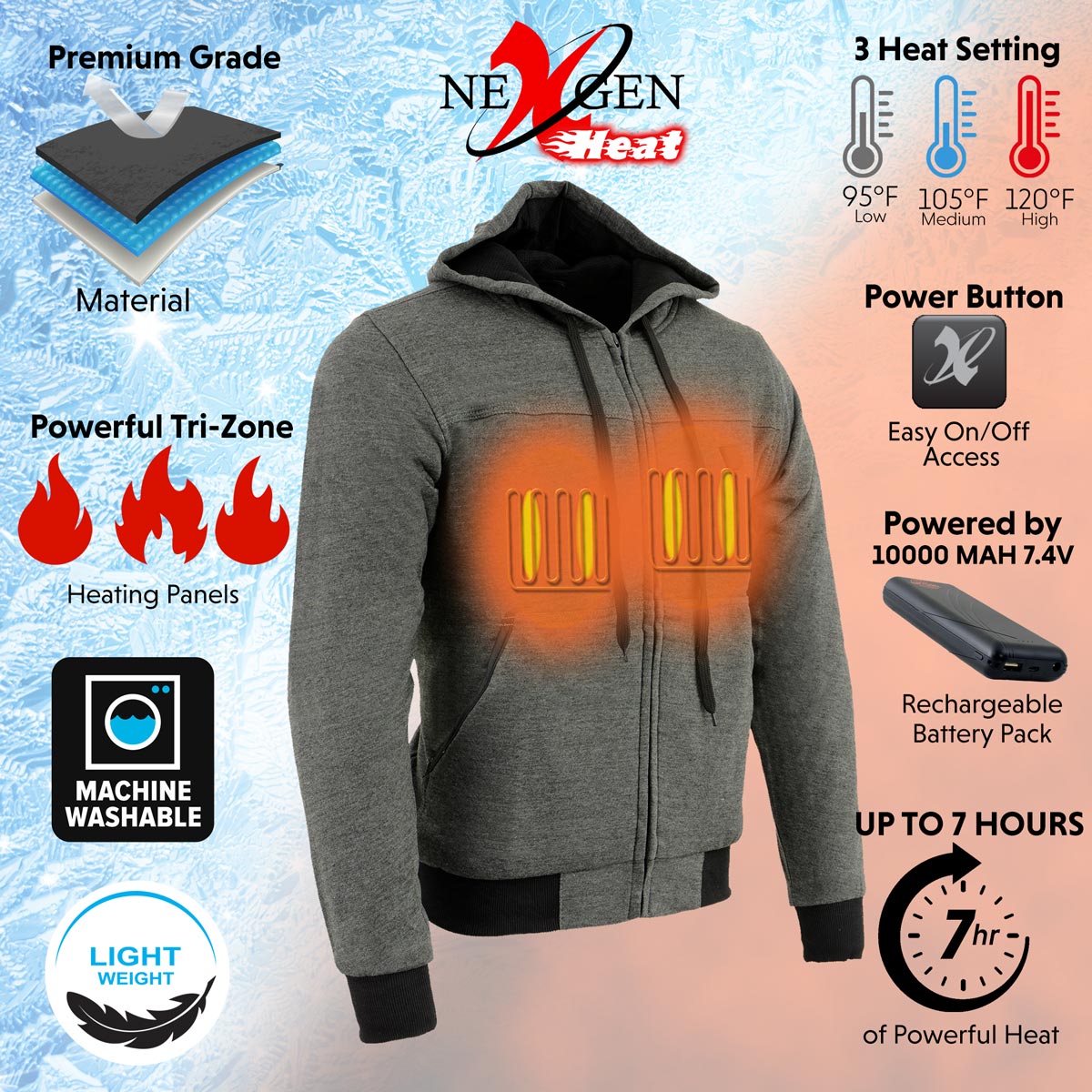 Nexgen Heat MPM1713SET Men's “Fiery’’ Heated Hoodie - Grey Zipper Front Sweatshirt Jacket for Winter w/Battery Pack