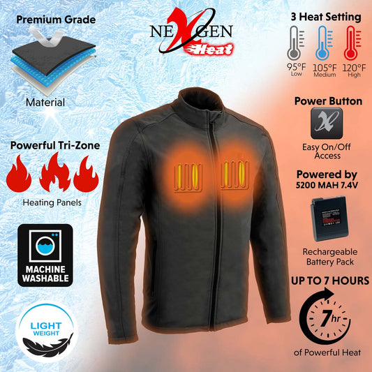 Nexgen Heat NXM1762SET Men’s Soft Shell Heated Jacket - Grey Standup Collar Jacket for Winter with Battery Pack