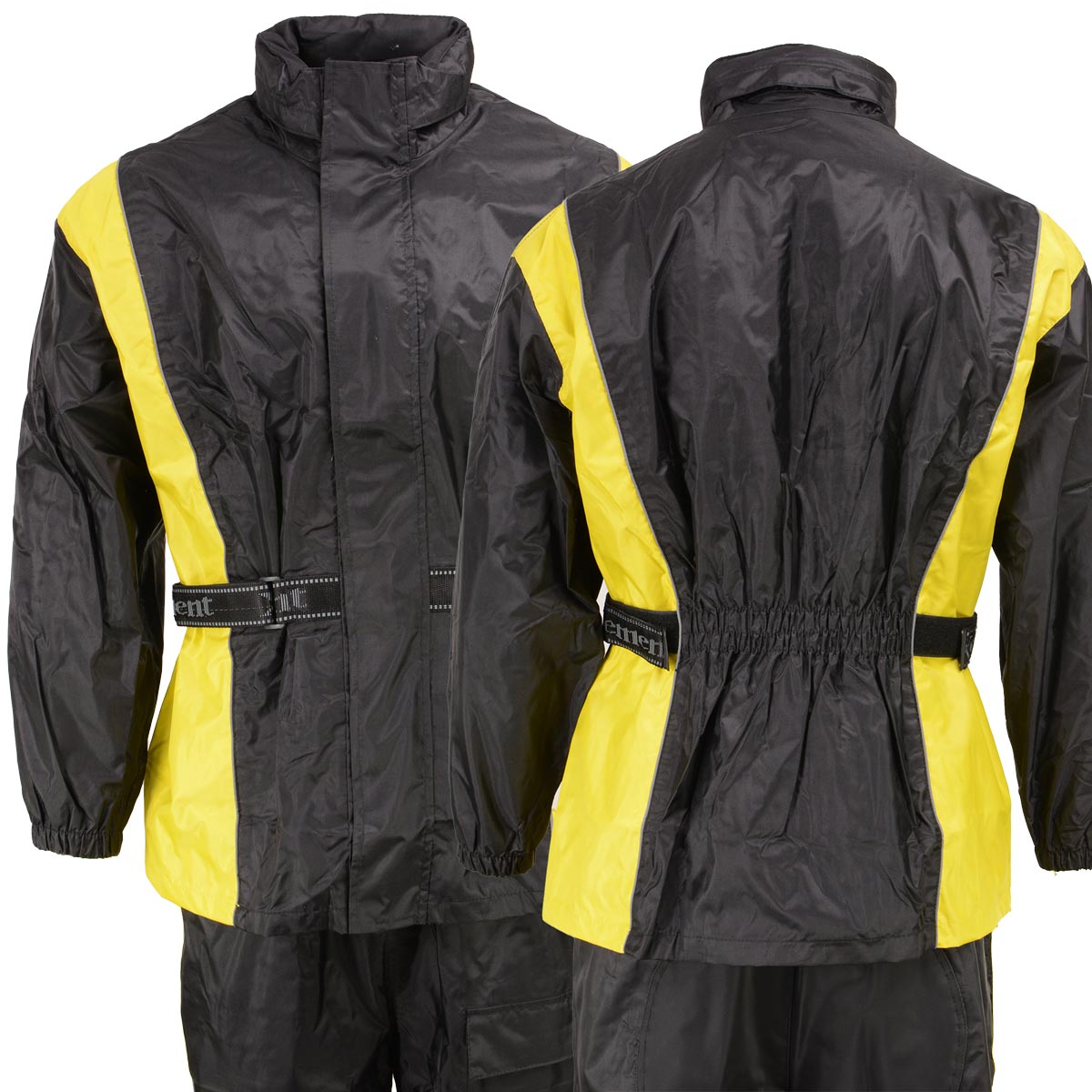 Xelement RN4782 Men's Black and Yellow 2-Piece Motorcycle Rain Suit with Boot Strap