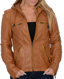 Milwaukee Leather SFL2810 Women's Cognac Scuba Style Fashion Leather Jacket with Drawstring and Hoodie