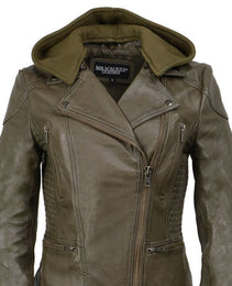 Milwaukee Leather SFL2815 Womens Olive Motorcycle Style Leather Jacket with Hoodie and Asymmetrical Zipper