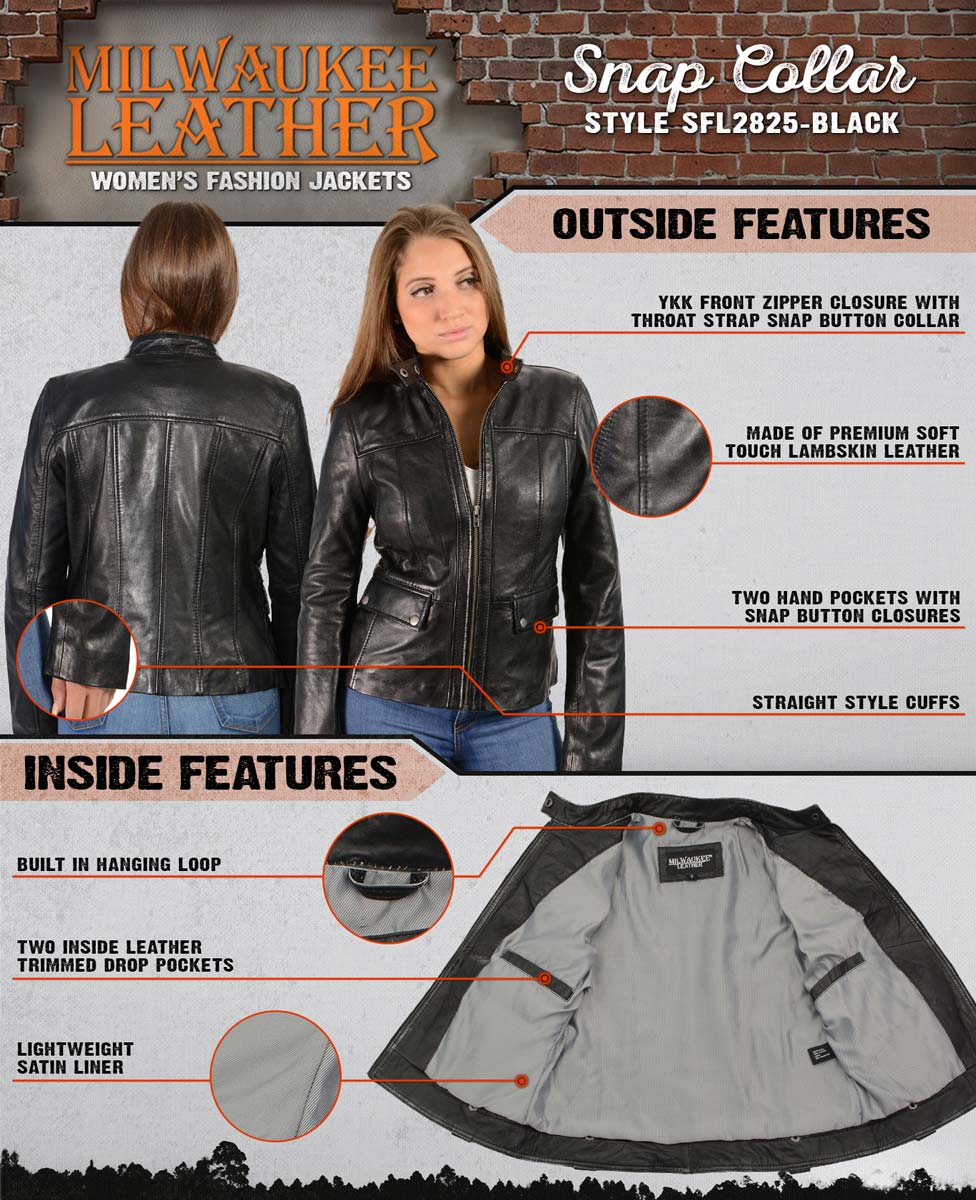 Milwaukee Leather SFL2825 Women's Snap Collar Black Lambskin Leather Jacket