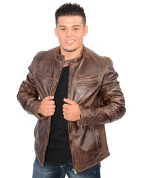 Milwaukee Leather SFM1805 Men's Brown Side Stitch Cafe Racer Lambskin Leather Jacket