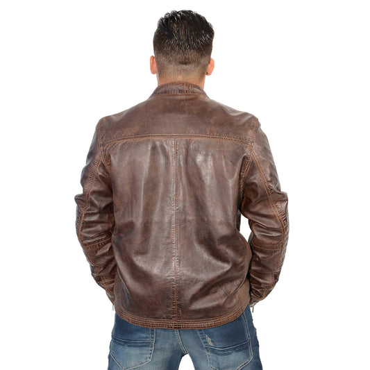 Milwaukee Leather SFM1805 Men's Brown Side Stitch Cafe Racer Lambskin Leather Jacket