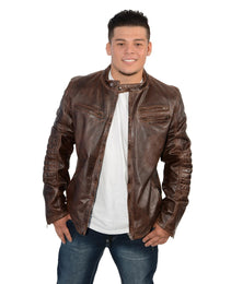 Milwaukee Leather SFM1805 Men's Brown Side Stitch Cafe Racer Lambskin Leather Jacket