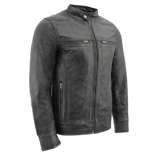 Milwaukee Leather SFM1830 Men's 'Café Racer' Triple Stitch Black and Grey Leather Jacket