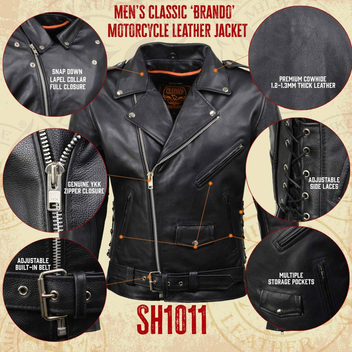 Milwaukee Leather SH1011 Black Classic Brando Motorcycle Jacket for Men  Made of Cowhide Leather w/ Side Lacing