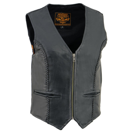 Milwaukee Leather SH1246Z Women's Black Leather Classic Braided Motorcycle Rider Vest with Zipper Closure