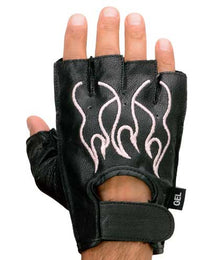 Xelement XG198 Women's Embroidered 'Flamed' Fingerless Black and Pink Motorcycle Leather Gloves