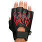 Milwaukee Leather SH198 Men's Black Leather Gel Padded Palm Fingerless Motorcycle Hand Gloves W/ ‘Red Flame Embroidered’