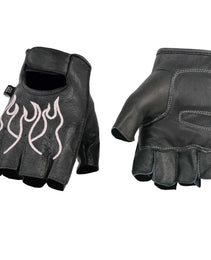 Xelement XG198 Women's Embroidered 'Flamed' Fingerless Black and Pink Motorcycle Leather Gloves