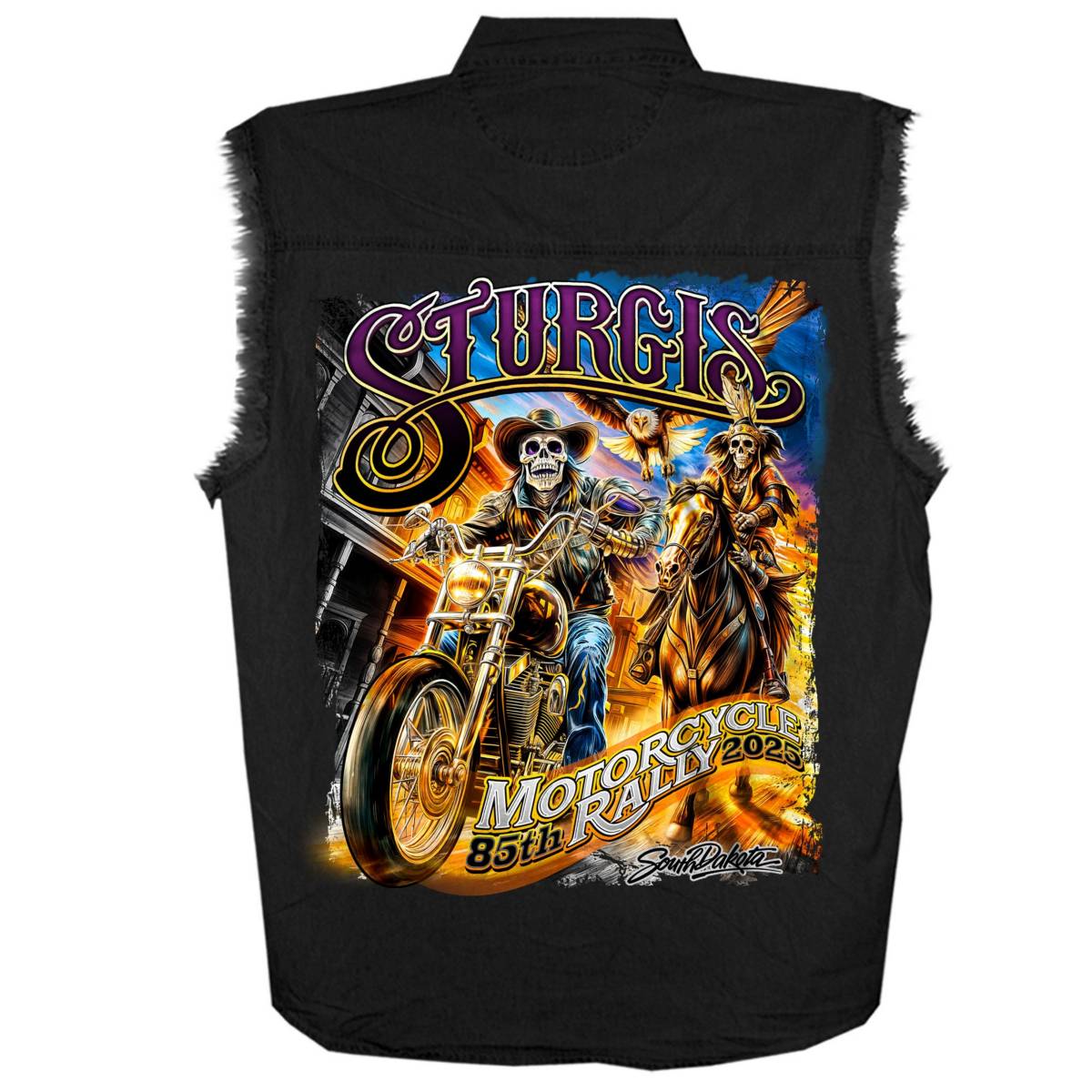 2025 Sturgis Men's Black Denim Motorcycle Rally #1 Ghost Rider Sleeveless Shirt