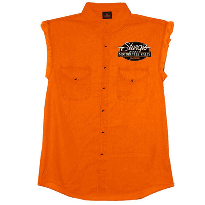 2025 Sturgis Men's Acid Orange Denim Motorcycle Rally Attractions Sleeveless Shirt