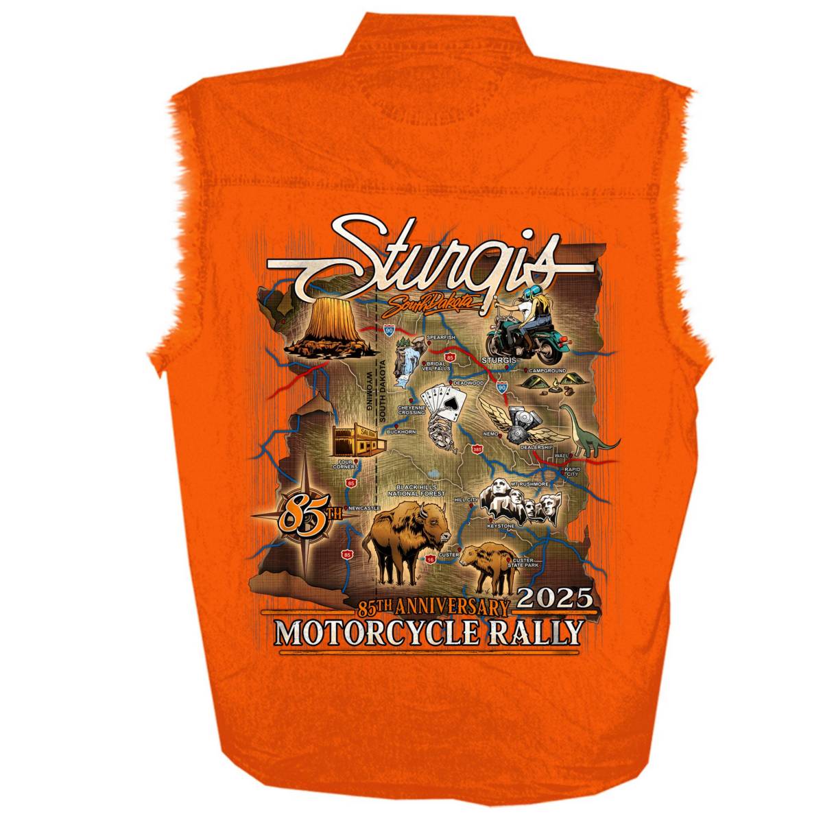 2025 Sturgis Men's Acid Orange Denim Motorcycle Rally Attractions Sleeveless Shirt