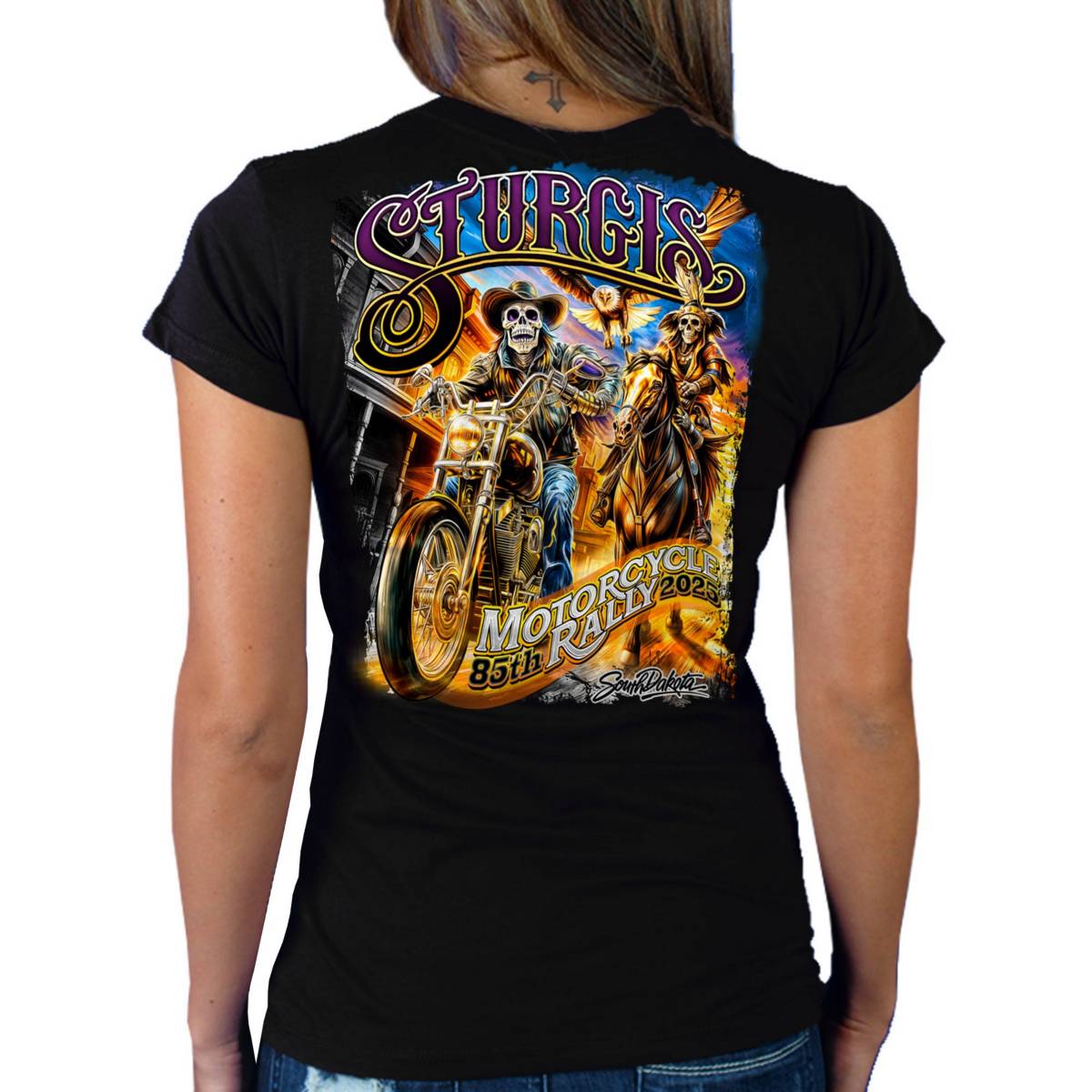 2025 Sturgis Women's Motorcycle Rally #1 Ghost Rider Black Ladies T-Shirt