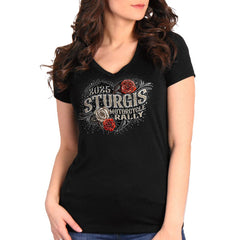 2025 Sturgis Women's Motorcycle Rally Leather Wings Black Ladies T-Shirt