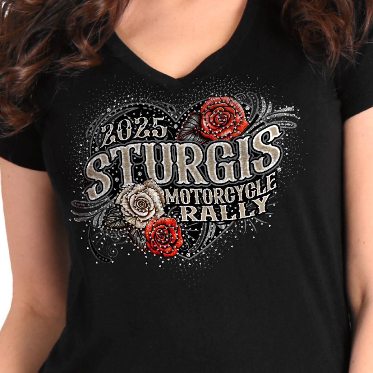 2025 Sturgis Women's Motorcycle Rally Leather Wings Black Ladies T-Shirt