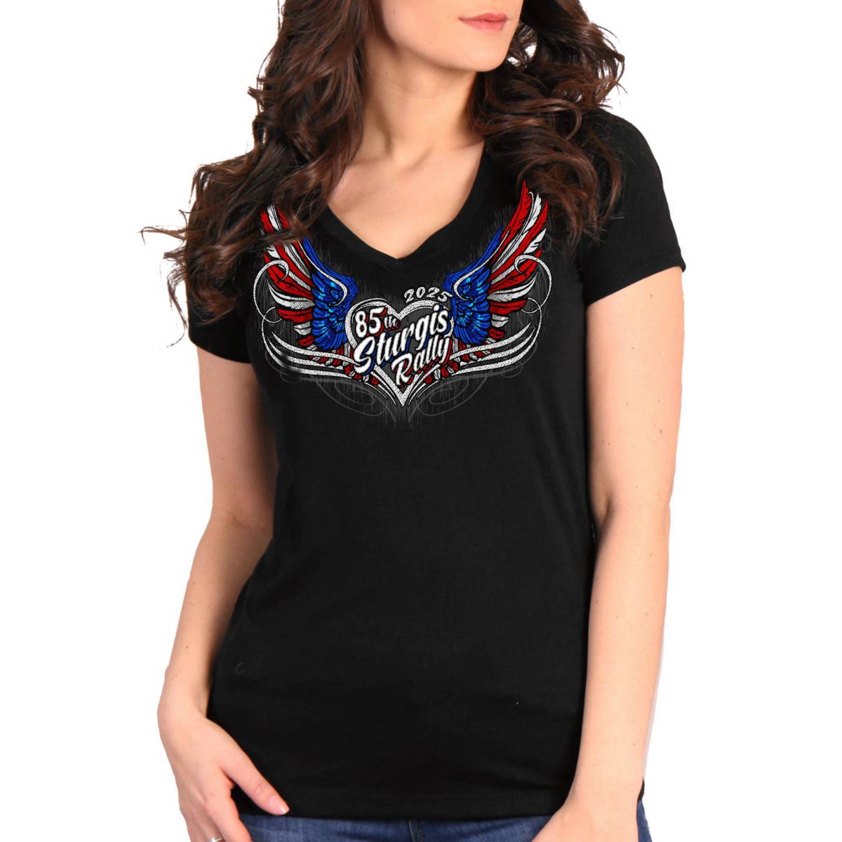 2025 Sturgis Women's Motorcycle Rally Flag Heart Angel Black Ladies Tee