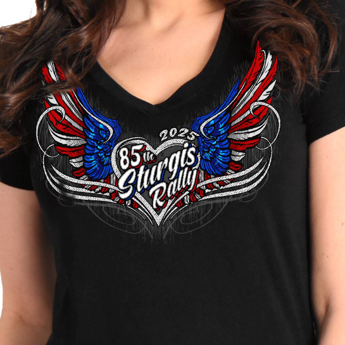 2025 Sturgis Women's Motorcycle Rally Flag Heart Angel Black Ladies Tee