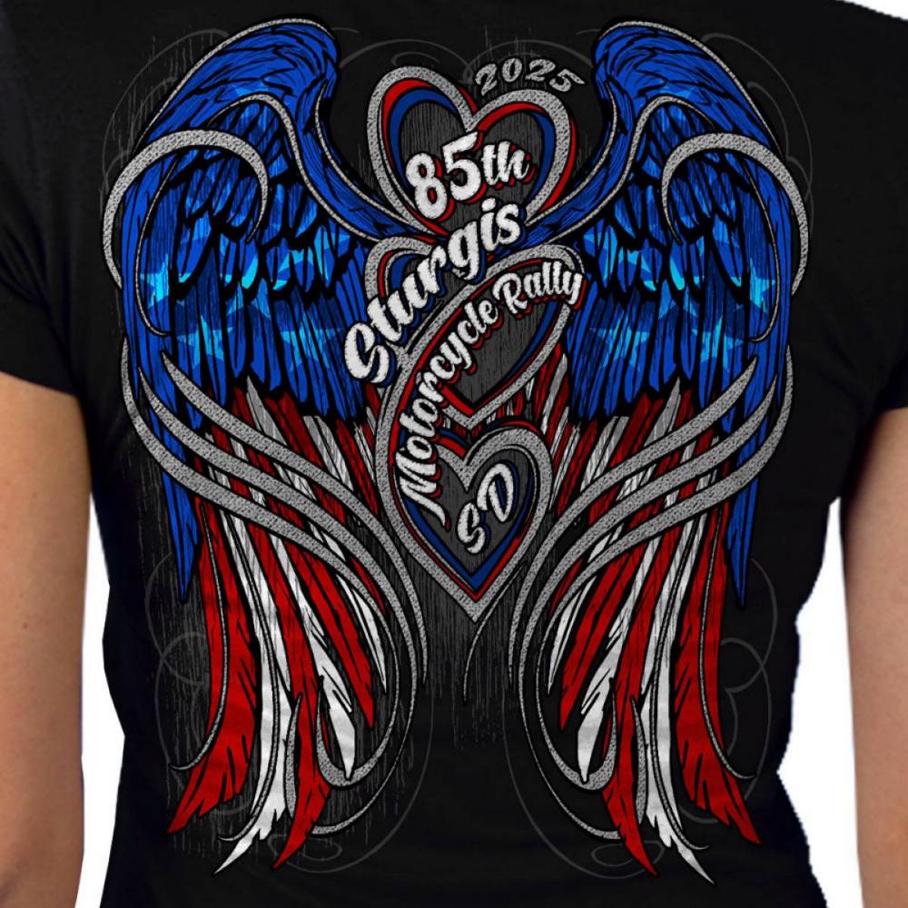 2025 Sturgis Women's Motorcycle Rally Flag Heart Angel Black Ladies Tee