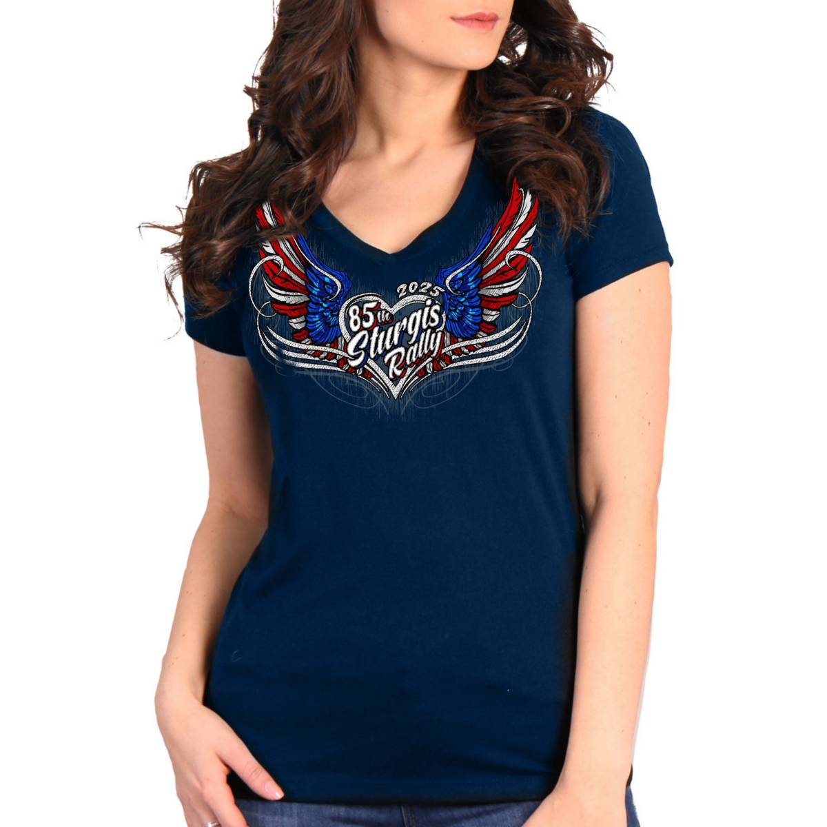 2025 Sturgis Women's Motorcycle Rally Flag Heart Angel Navy Ladies Tee