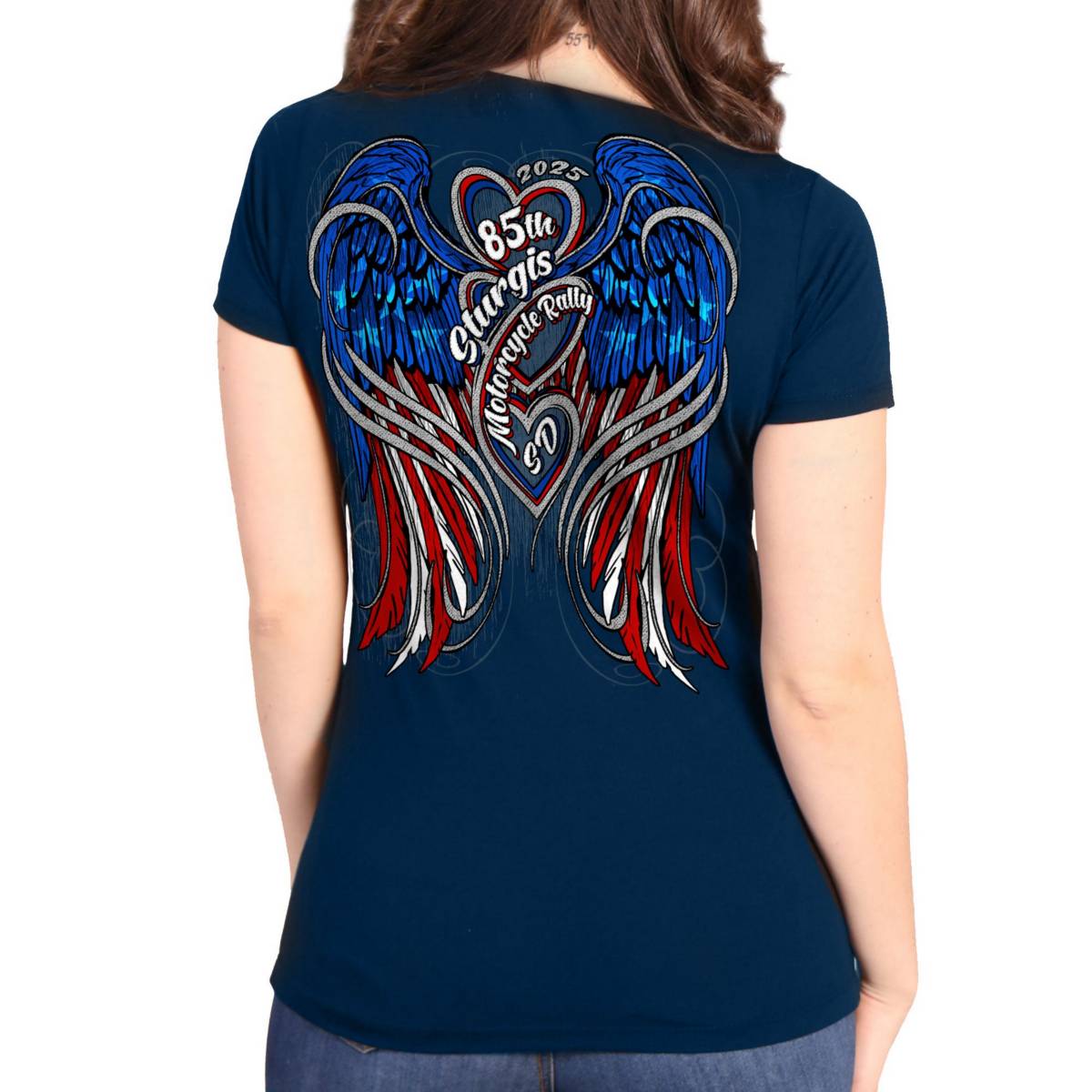 2025 Sturgis Women's Motorcycle Rally Flag Heart Angel Navy Ladies Tee