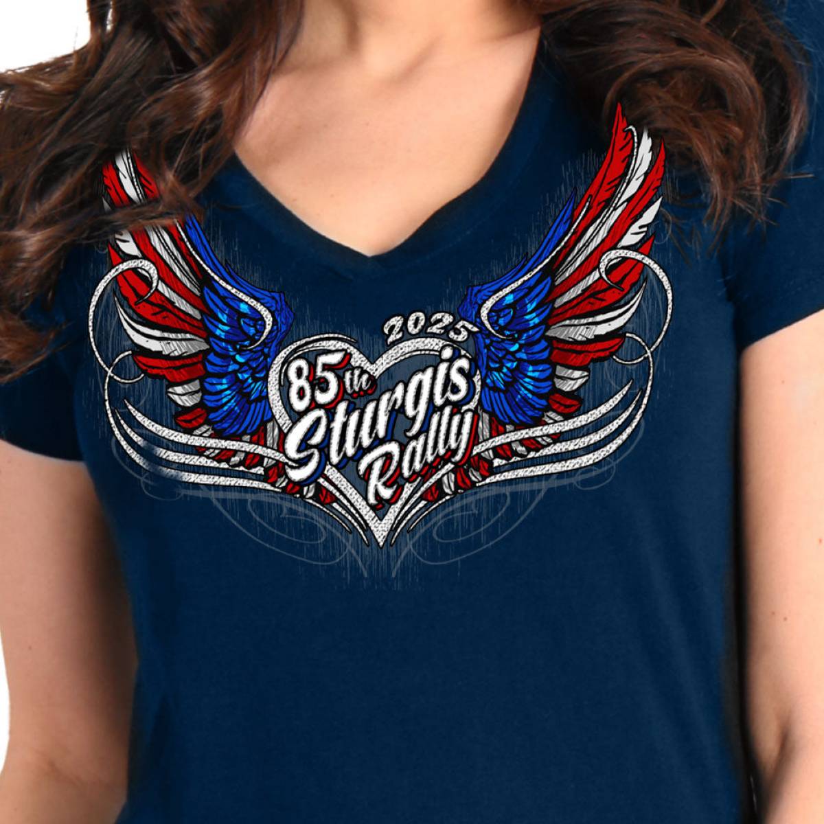 2025 Sturgis Women's Motorcycle Rally Flag Heart Angel Navy Ladies Tee