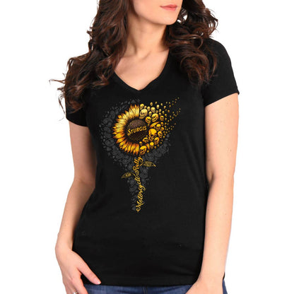 2025 Sturgis Women's Motorcycle Rally Sunflower Skulls Black Ladies Tee