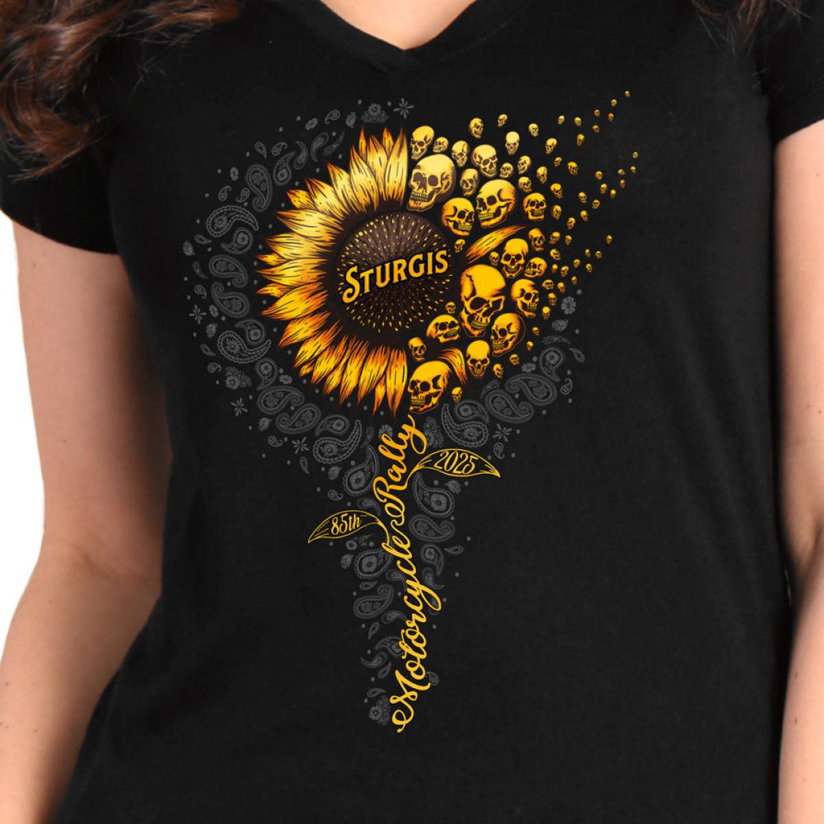 2025 Sturgis Women's Motorcycle Rally Sunflower Skulls Black Ladies Tee