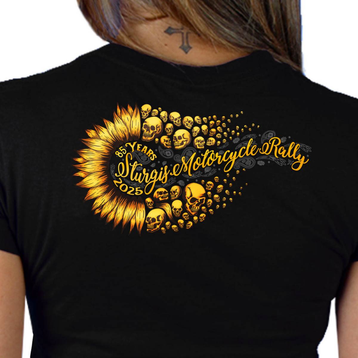 2025 Sturgis Women's Motorcycle Rally Sunflower Skulls Black Ladies Tee