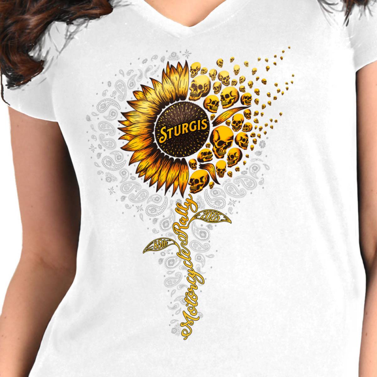 2025 Sturgis Women's Motorcycle Rally Sunflower Skulls White Ladies Tee