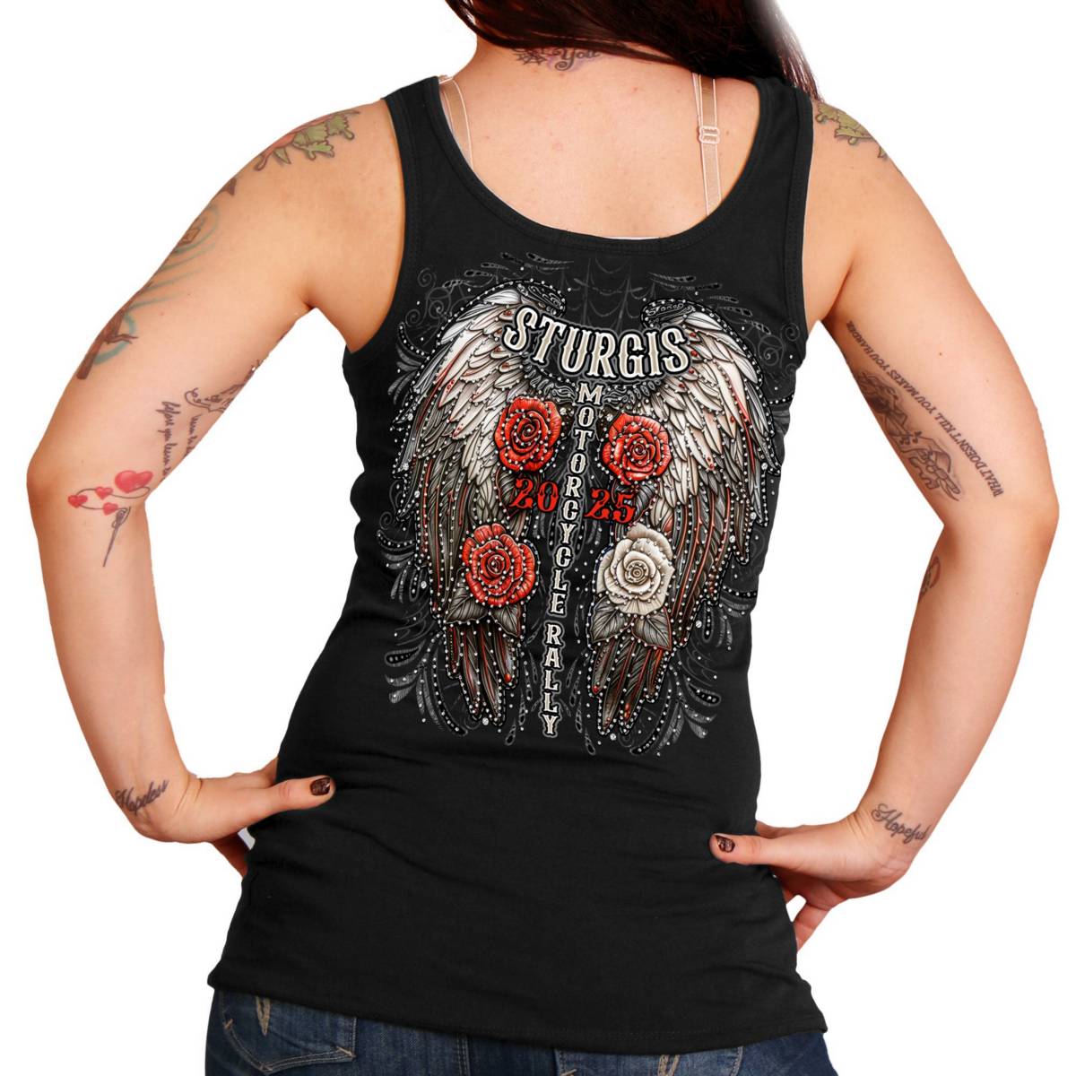 2025 Sturgis Women's Motorcycle Rally Leather Wings Ladies Black Tank Top