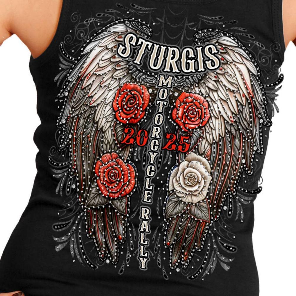 2025 Sturgis Women's Motorcycle Rally Leather Wings Ladies Black Tank Top