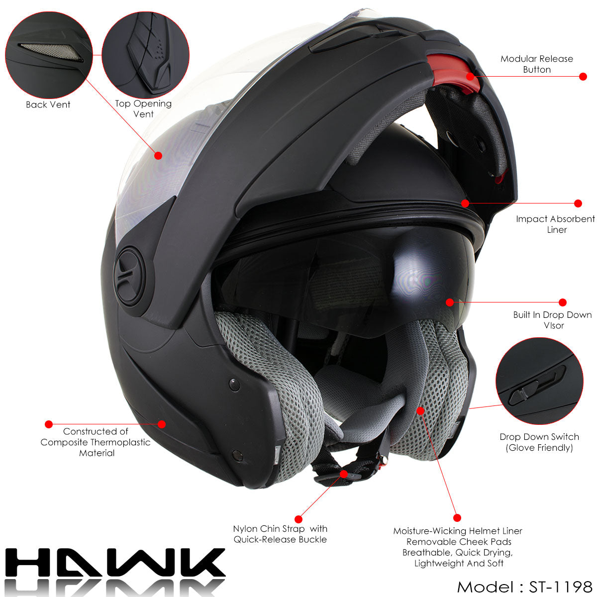 Hawk ST 1198 'Transition' 2 in 1 Glossy Black Modular Motorcycle Helmet