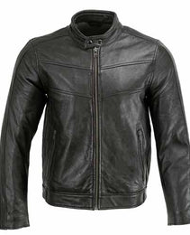 Milwaukee Leather Men's Black Cafe Racer Leather Jacket with Snap Button Collar SFM1835