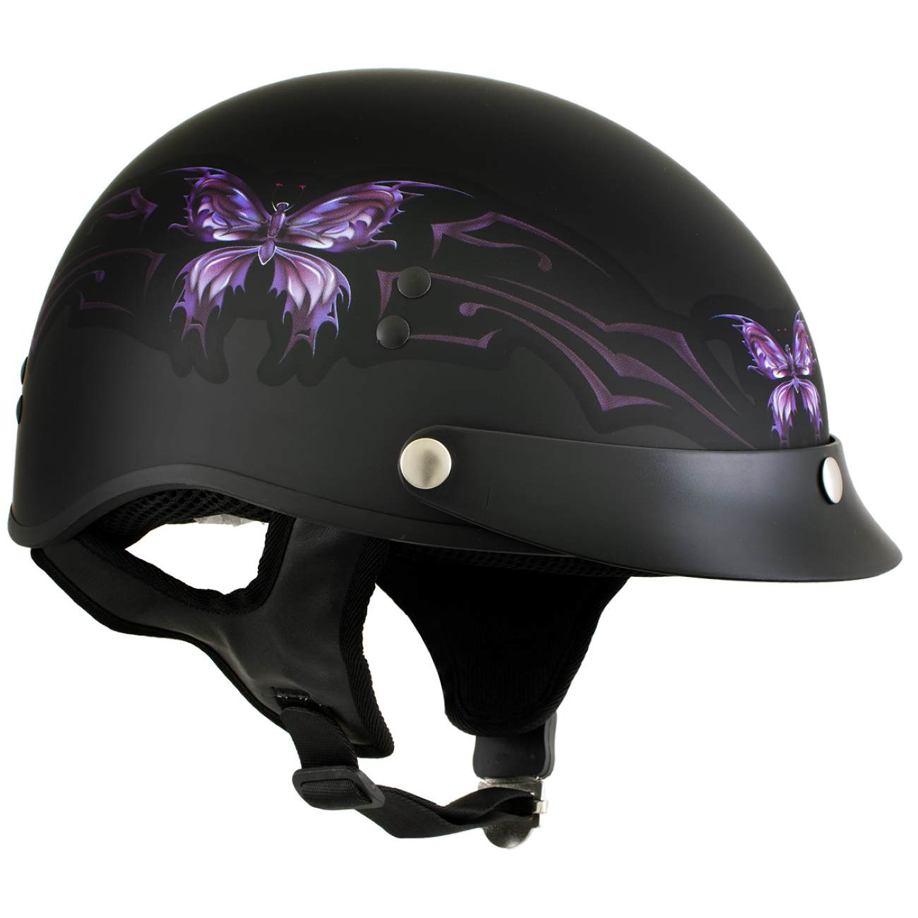 Hot Leathers HLT70 Purple Butterfly Flat Black Advanced DOT Motorcycle Half Face Biker Helmet